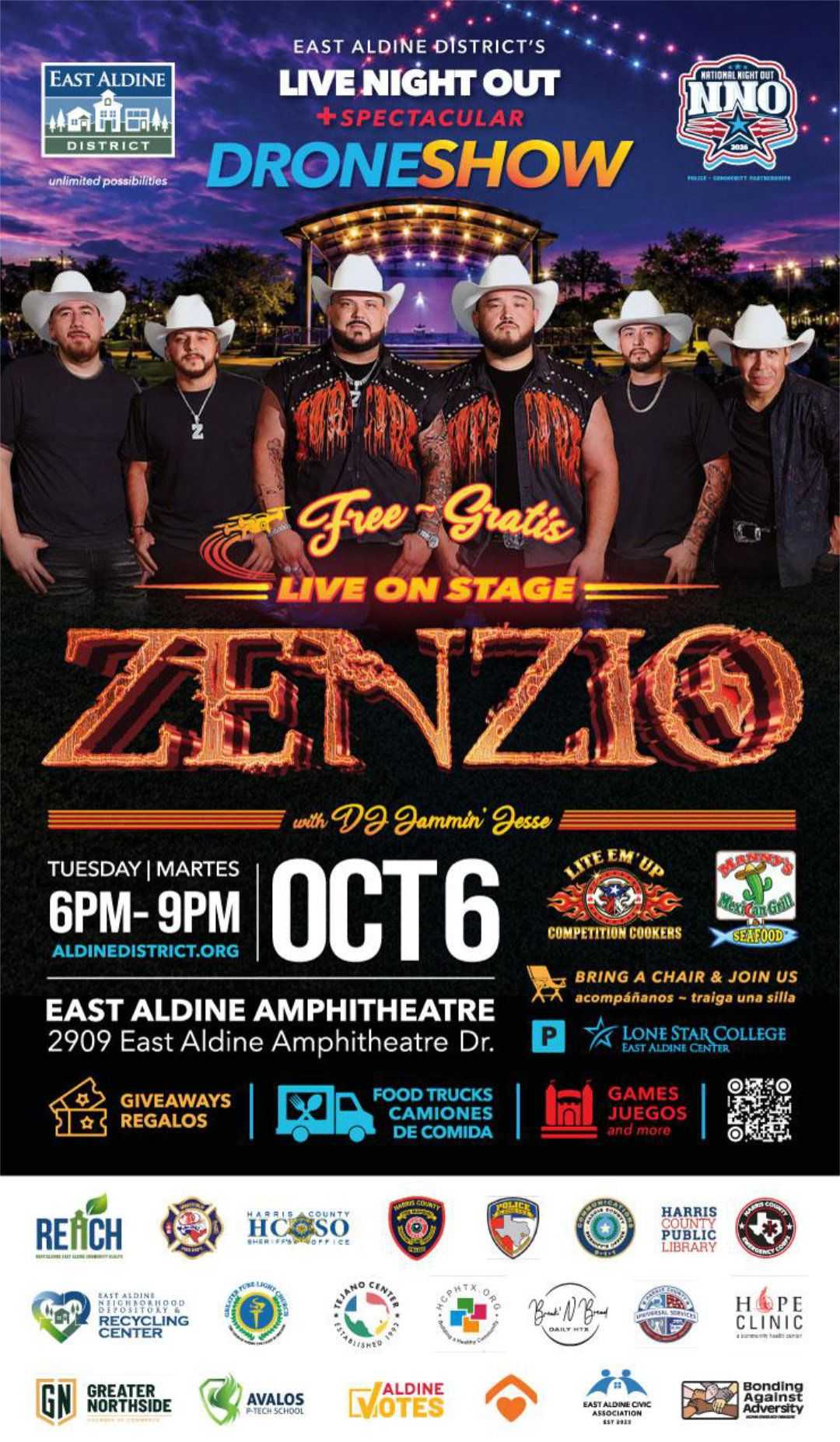 Promotional poster for East Aldine District Live Night Out featuring a drone show, live music by Zenzio, food trucks, games, giveaways, and community activities on Oct. 6 at East Aldine Amphitheatre.