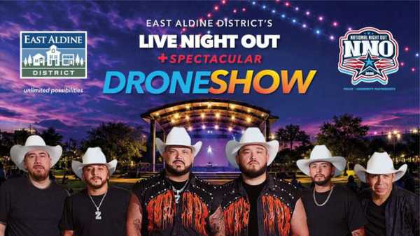 East Aldine District Live Night Out promotional banner featuring a drone show, National Night Out branding, an outdoor amphitheater, and a six-member band in white cowboy hats.